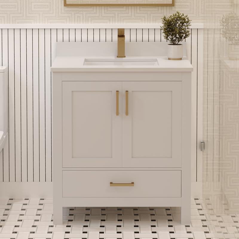 Ayna Decors Rooh 30 Inch White Bath Vanity with Pure White Quartz Countertop