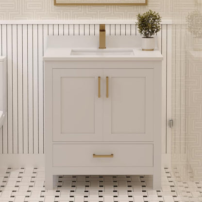 Ayna Decors Rooh 30 Inch White Bath Vanity with Pure White Quartz Countertop