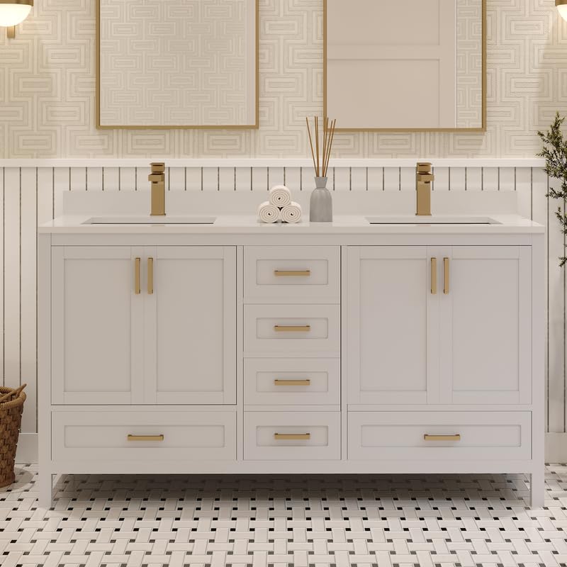Ayna Decors Rooh 60 Inch White Bath Vanity with Pure White Quartz Countertop