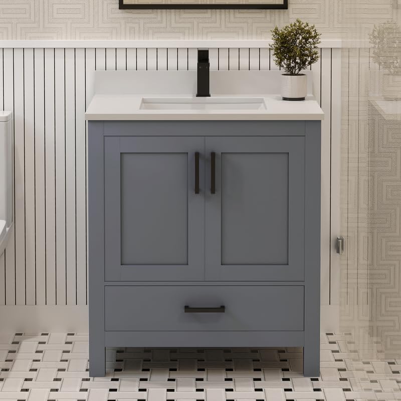 Ayna Decors Rooh 30 Inch Charcoal Grey Bathroom Vanity with Quartz Countertop with Matte Black Hardware