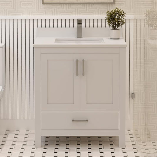 Ayna Decors Rooh 30 Inch White Bathroom Vanity Cabinet (Base Only) with Brushed Nickel Hardware