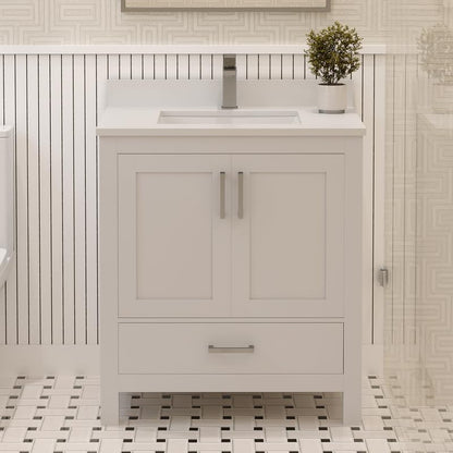 Ayna Decors Rooh 30 Inch White Bath Vanity with Pure White Quartz Countertop