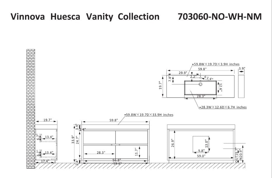 Vinnova, Huesca 60" Single Sink Bath Vanity in North American Oak with White Composite Integral Square Sink Top