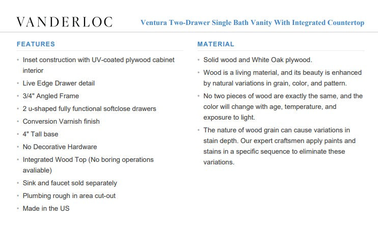 Vanderloc Ventura Two-Drawer Single Bath Vanity With Integrated Countertop