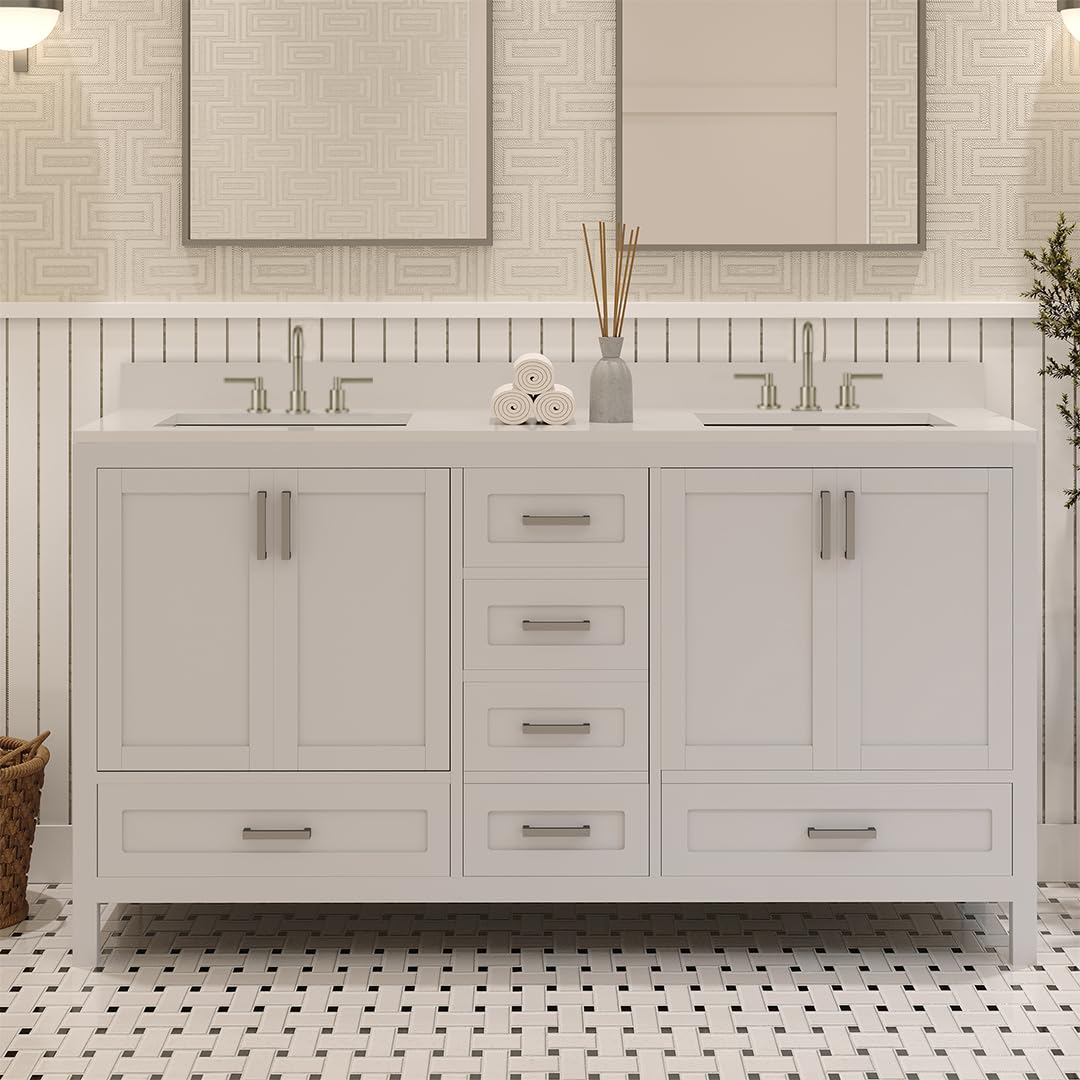 Ayna Decors Rooh 60 Inch White Bath Vanity with Pure White Quartz Countertop