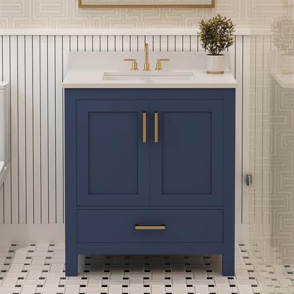 Ayna Decors Rooh 30 Inch Navy Blue Bath Vanity with Pure White Quartz Countertop