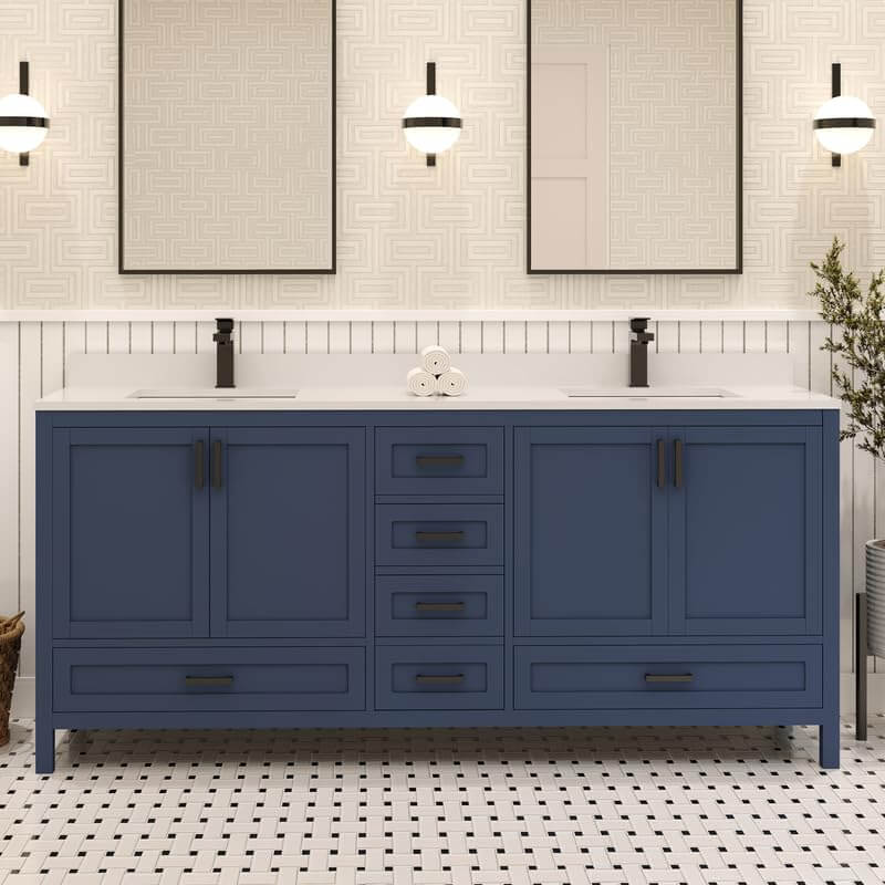 Ayna Decors Rooh 72 Inch Navy Blue Bathroom Vanity with Quartz Countertop with Matte Black Hardware