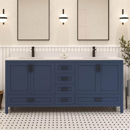 Ayna Decors Rooh 72 Inch Navy Blue Bathroom Vanity with Quartz Countertop with Matte Black Hardware