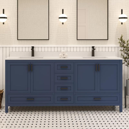 Ayna Decors Rooh 72 Inch Navy Blue Bathroom Vanity with Quartz Countertop with Matte Black Hardware