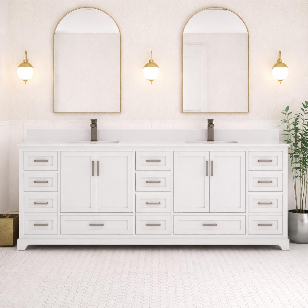 Ayna Decors Maya 84 Inch White Bath Vanity with Pure White Quartz Countertop