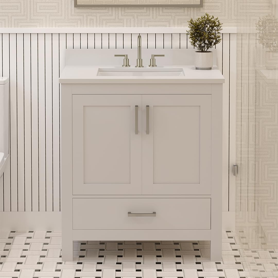 Ayna Decors Rooh 30 Inch White Bath Vanity with Pure White Quartz Countertop
