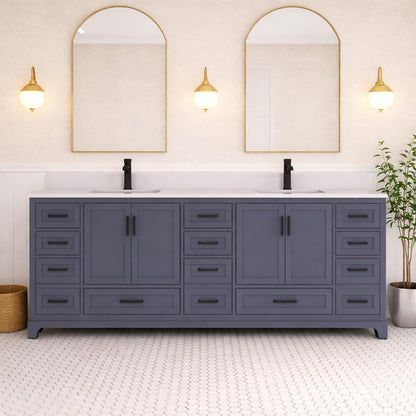 Ayna Decors Maya 84 Inch Charcoal Grey Bathroom Vanity with Quartz Countertop with Matte Black Hardware
