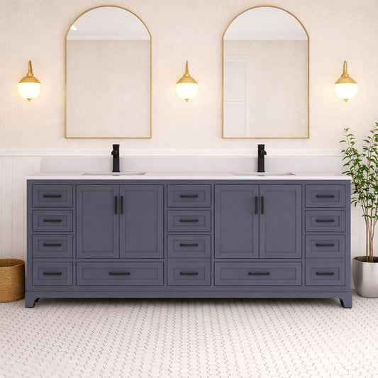 Ayna Decors Maya 84 Inch Charcoal Grey Bathroom Vanity with Quartz Countertop with Matte Black Hardware