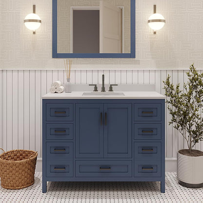 Ayna Decors Rooh 42 Inch Navy Blue Bath Vanity with Pure White Quartz Countertop