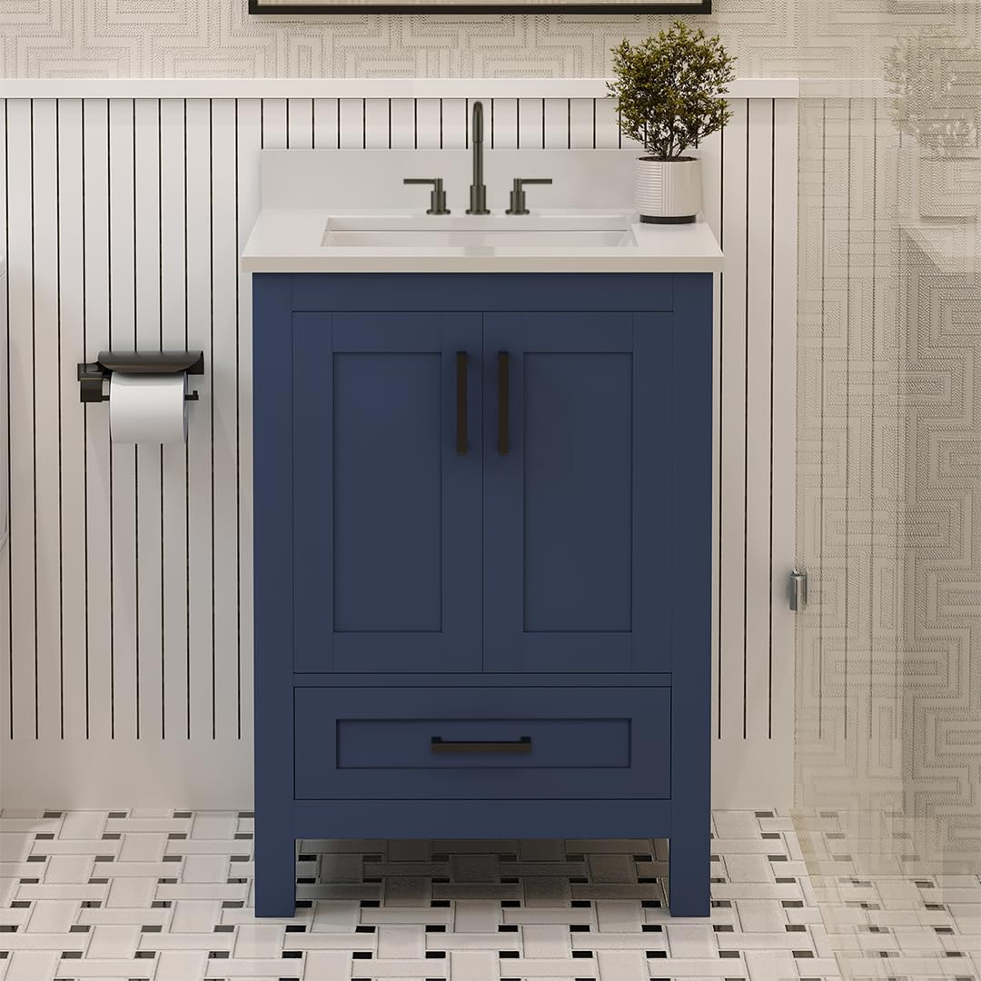 Ayna Decors Rooh 24 Inch Navy Blue Bath Vanity with Pure White Quartz Countertop