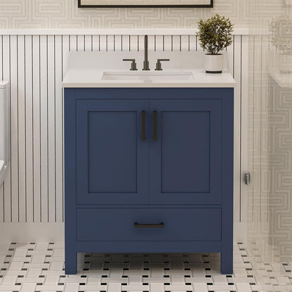 Ayna Decors Rooh 30 Inch Navy Blue Bath Vanity with Pure White Quartz Countertop