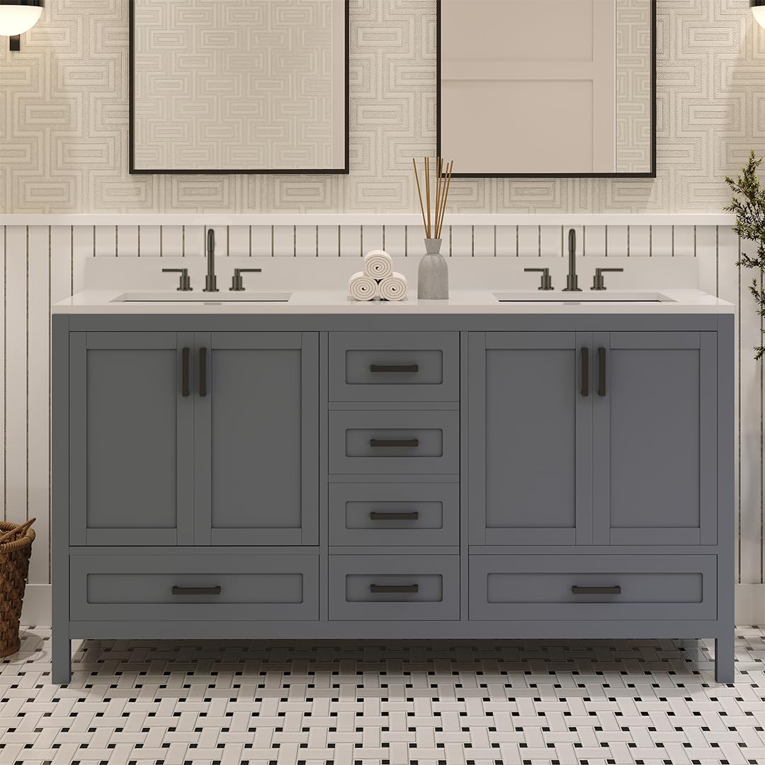 Ayna Decors Rooh 60 Inch Charcoal Grey Bath Vanity with Pure White Quartz Countertop