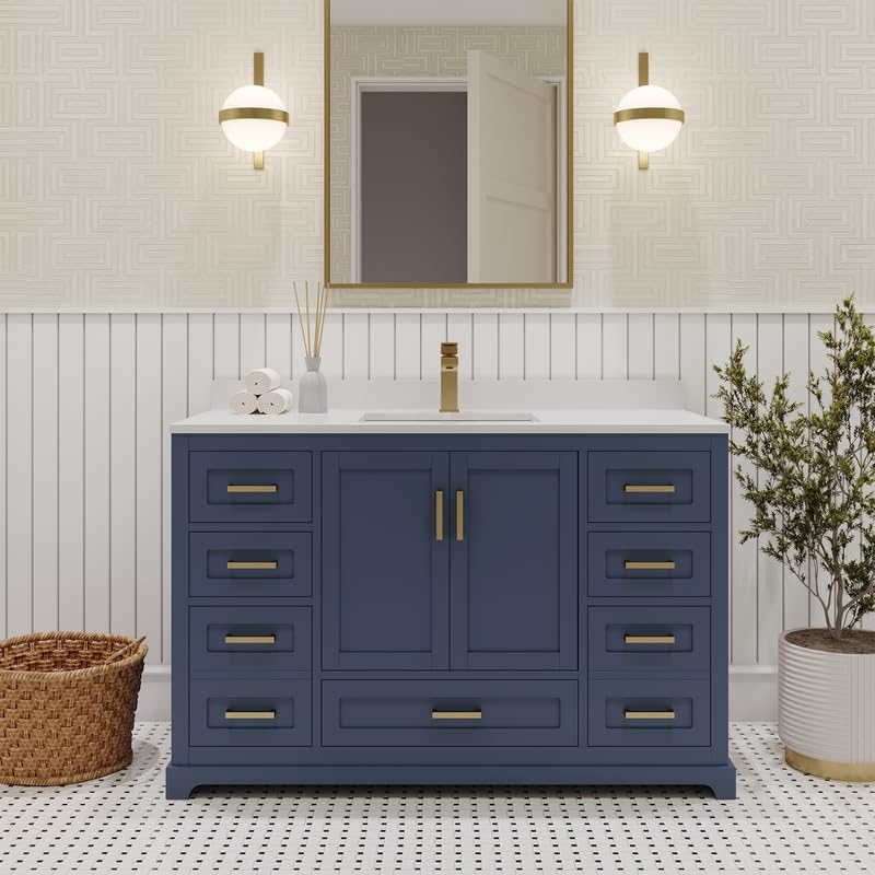 Ayna Decors Maya 48 Inch Navy Blue Bath Vanity with Pure White Quartz Countertop