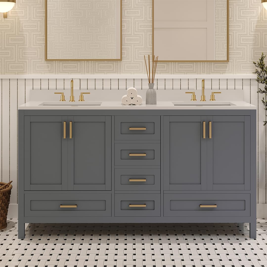 Ayna Decors Rooh 60 Inch Charcoal Grey Bath Vanity with Pure White Quartz Countertop