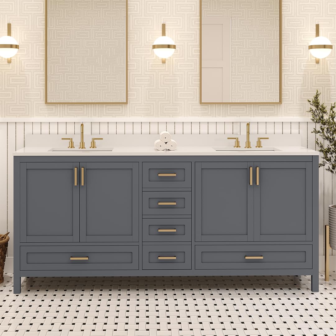 Ayna Decors Rooh 72 Inch Charcoal Grey Bath Vanity with Pure White Quartz Countertop