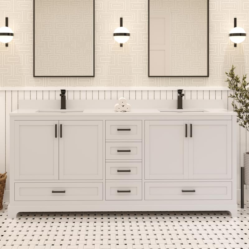 Ayna Decors Maya 72 Inch White Bathroom Vanity with Quartz Countertop with Matte Black Hardware