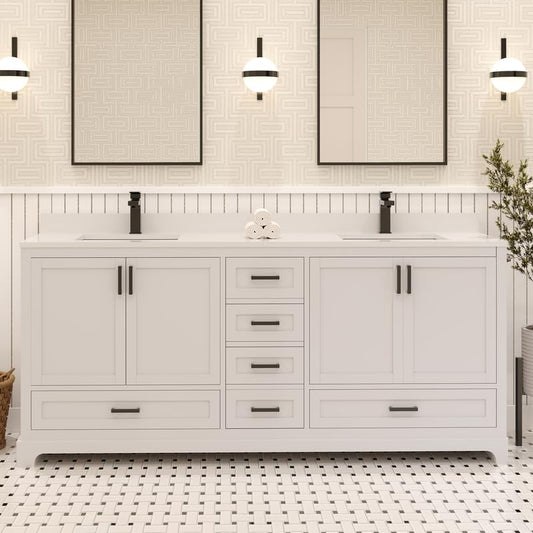 Ayna Decors Maya 72 Inch White Bathroom Vanity with Quartz Countertop with Matte Black Hardware