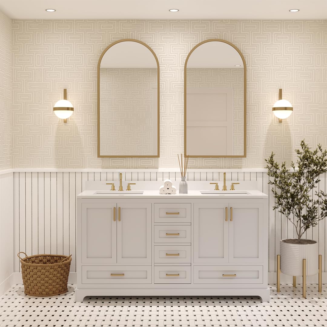 Ayna Decors Maya 60 Inch White Bath Vanity with Pure White Quartz Countertop