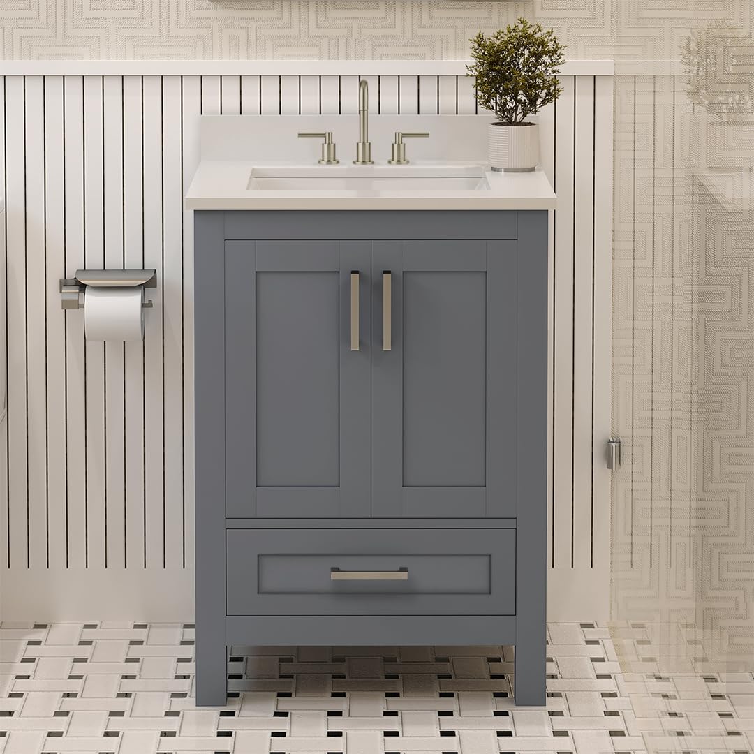 Ayna Decors Rooh 24 Inch Charcoal Grey Bath Vanity with Pure White Quartz Countertop