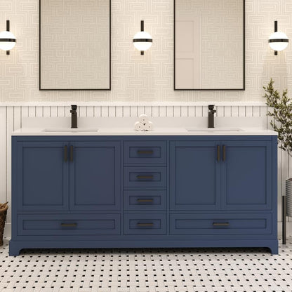 Ayna Decors Maya 72 Inch Navy Blue Bathroom Vanity with Quartz Countertop with Matte Black Hardware