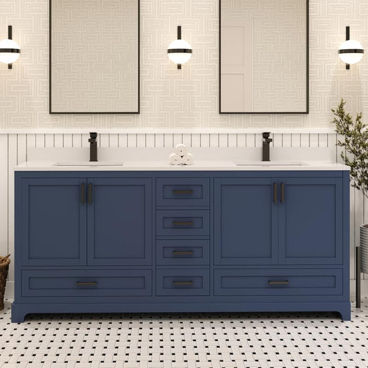 Ayna Decors Maya 72 Inch Navy Blue Bathroom Vanity with Quartz Countertop with Matte Black Hardware