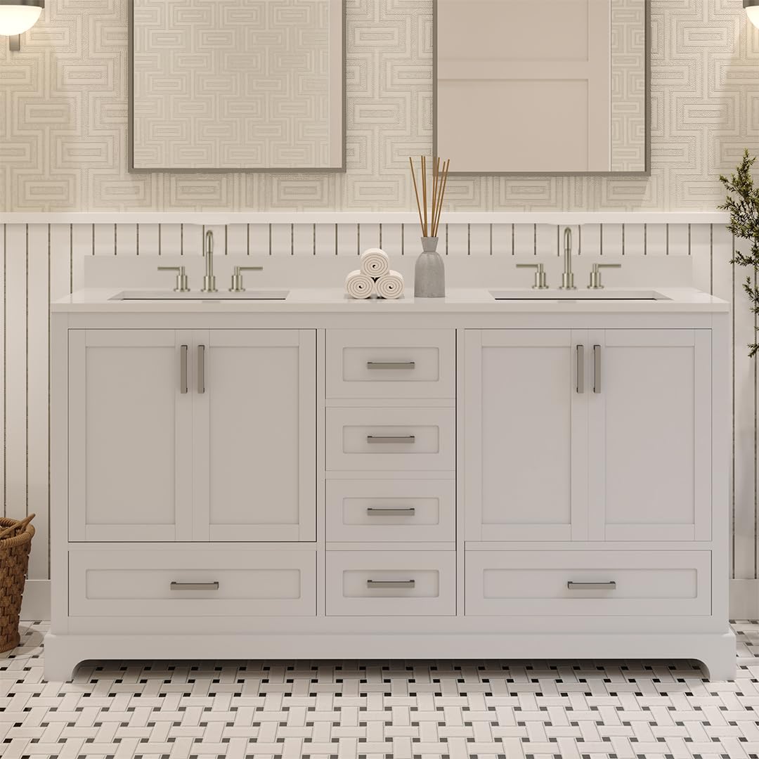 Ayna Decors Maya 60 Inch White Bath Vanity with Pure White Quartz Countertop