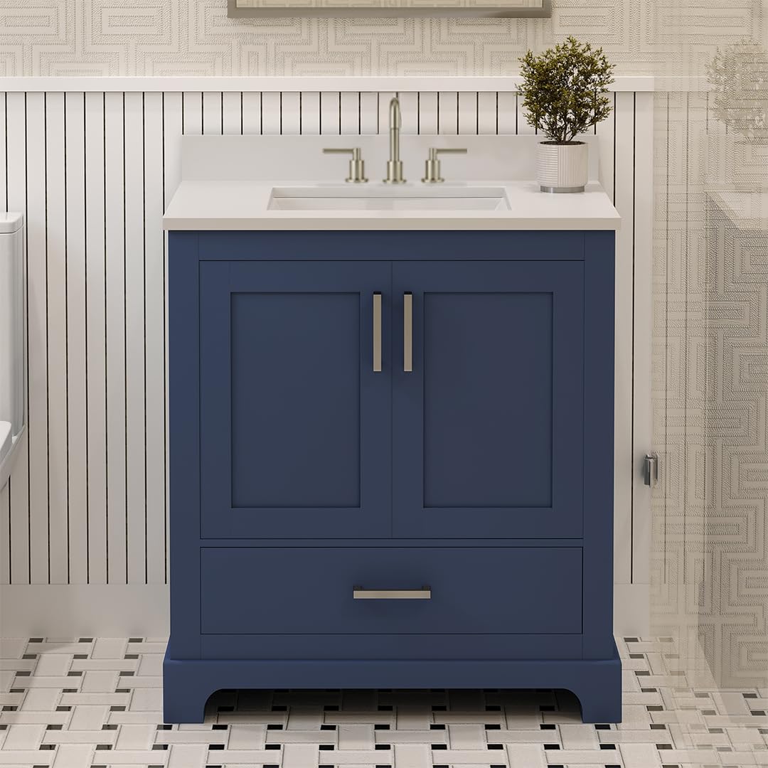 Ayna Decors Maya 30 Inch Navy Blue Bath Vanity with Pure White Quartz Countertop