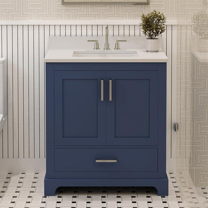 Ayna Decors Maya 30 Inch Navy Blue Bath Vanity with Pure White Quartz Countertop