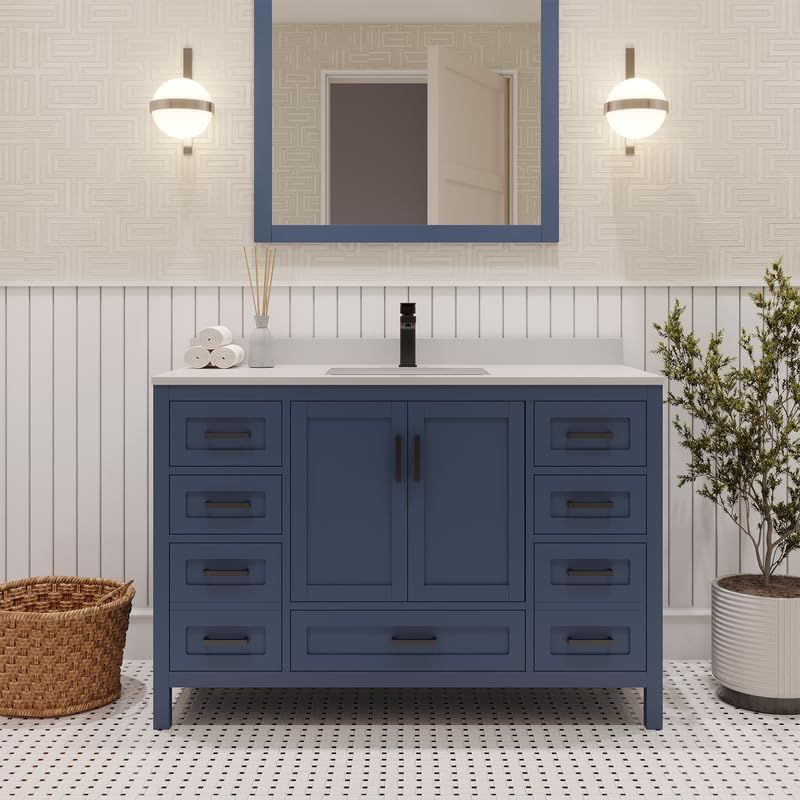 Ayna Decors Rooh 42 Inch Navy Blue Bathroom Vanity with Quartz Countertop with Matte Black Hardware
