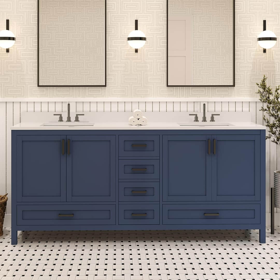 Ayna Decors Rooh 72 Inch Navy Blue Bath Vanity with Pure White Quartz Countertop