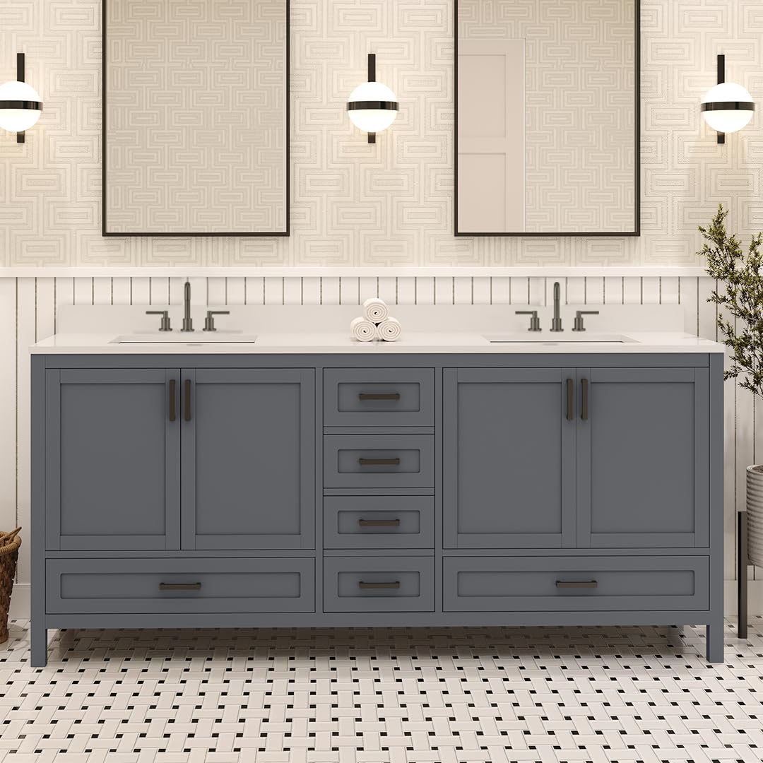 Ayna Decors Rooh 72 Inch Charcoal Grey Bath Vanity with Pure White Quartz Countertop