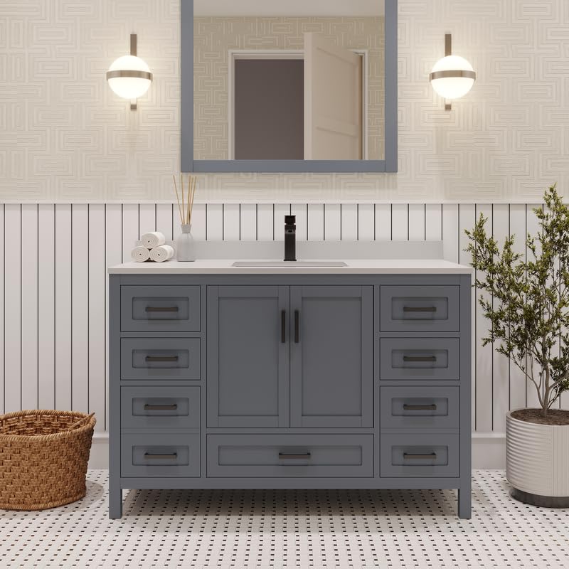 Ayna Decors Rooh 48 Inch Charcoal Grey Bathroom Vanity with Quartz Countertop with Matte Black Hardware