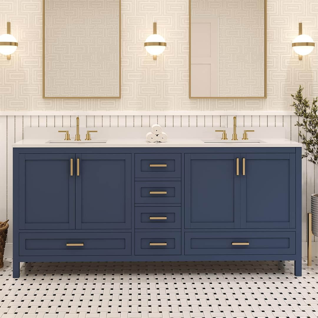 Ayna Decors Rooh 72 Inch Navy Blue Bath Vanity with Pure White Quartz Countertop