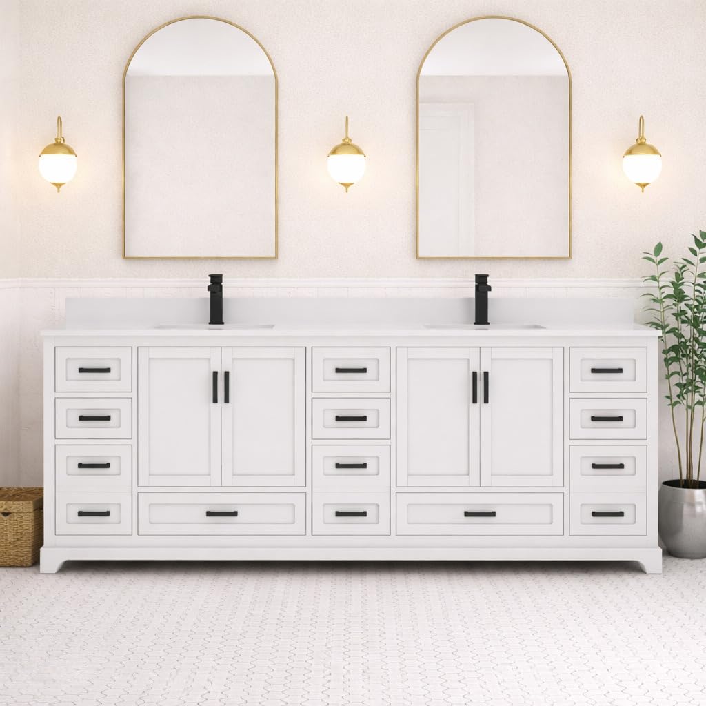 Ayna Decors Maya 84 Inch White Bathroom Vanity with Quartz Countertop with Matte Black Hardware