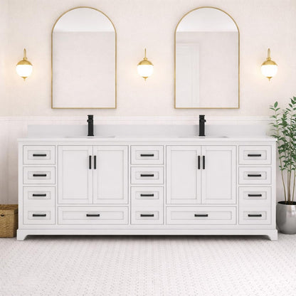 Ayna Decors Maya 84 Inch White Bathroom Vanity with Quartz Countertop with Matte Black Hardware