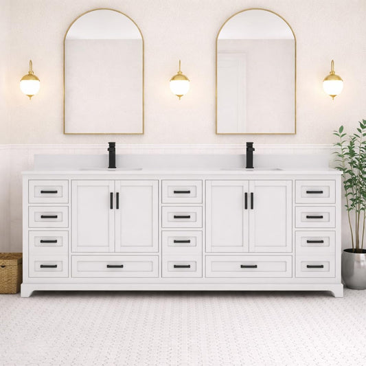 Ayna Decors Maya 84 Inch White Bathroom Vanity with Quartz Countertop with Matte Black Hardware