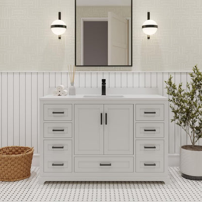 Ayna Decors Maya 48 Inch White Bathroom Vanity with Quartz Countertop with Matte Black Hardware