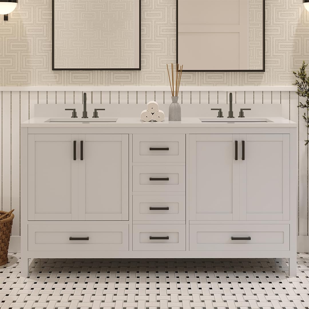 Ayna Decors Rooh 60 Inch White Bath Vanity with Pure White Quartz Countertop