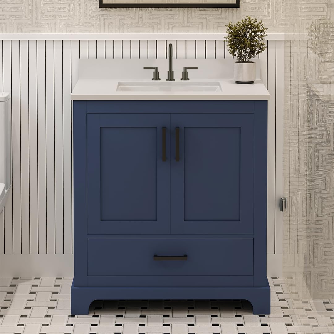 Ayna Decors Maya 30 Inch Navy Blue Bath Vanity with Pure White Quartz Countertop