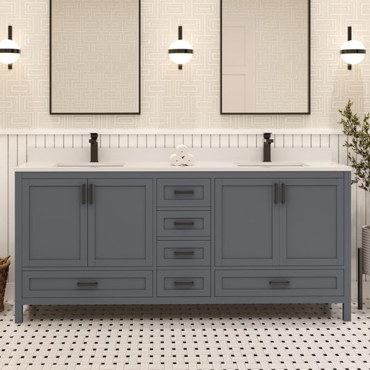 Ayna Decors Rooh 72 Inch Charcoal Grey Bathroom Vanity with Quartz Countertop with Matte Black Hardware