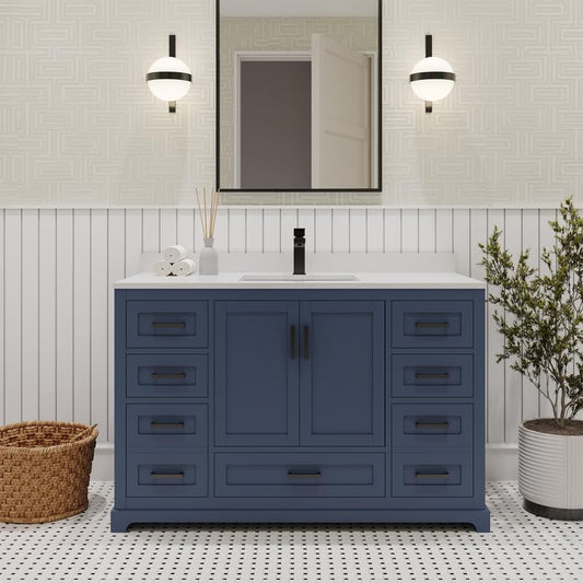 Ayna Decors Maya 48 Inch Navy Blue Bathroom Vanity with Quartz Countertop with Matte Black Hardware