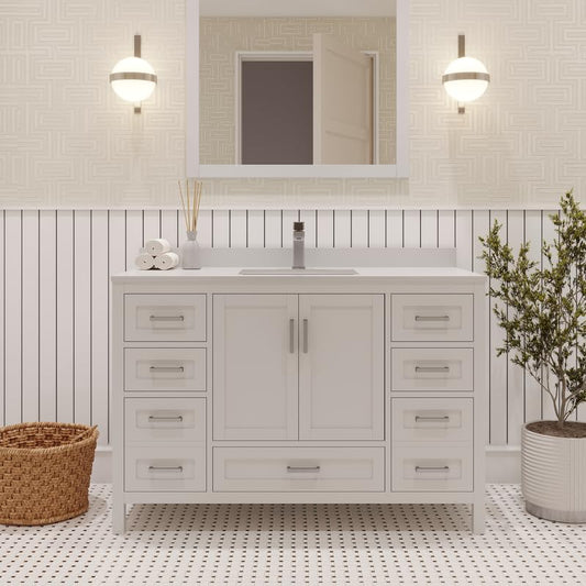Ayna Decors Rooh 48 Inch White Bathroom Vanity Cabinet (Base Only) with Brushed Nickel Hardware