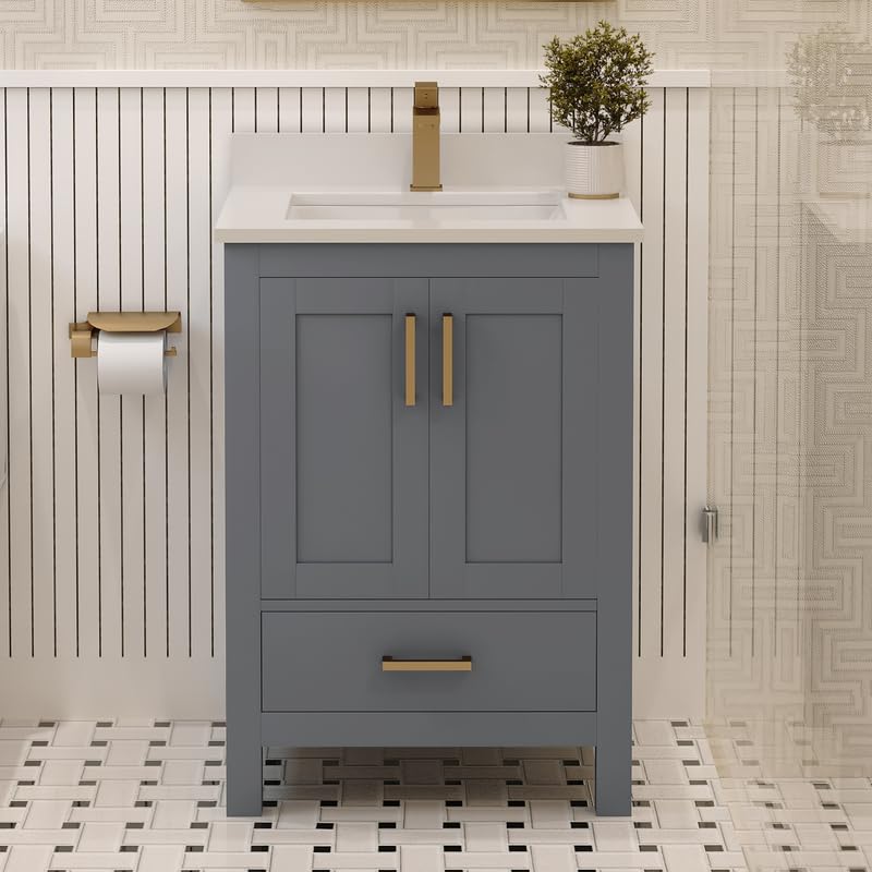 Ayna Decors Rooh 24 Inch Charcoal Grey Bath Vanity with Pure White Quartz Countertop
