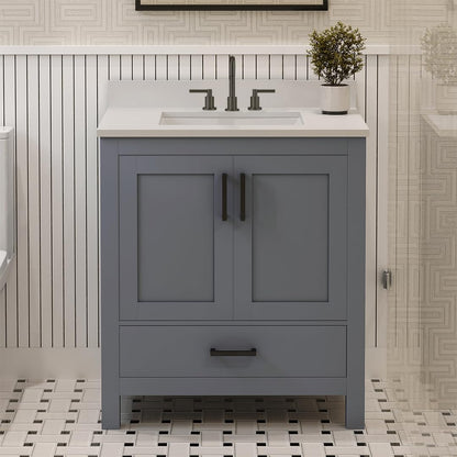 Ayna Decors Rooh 30 Inch Charcoal Grey Bath Vanity with Pure White Quartz Countertop