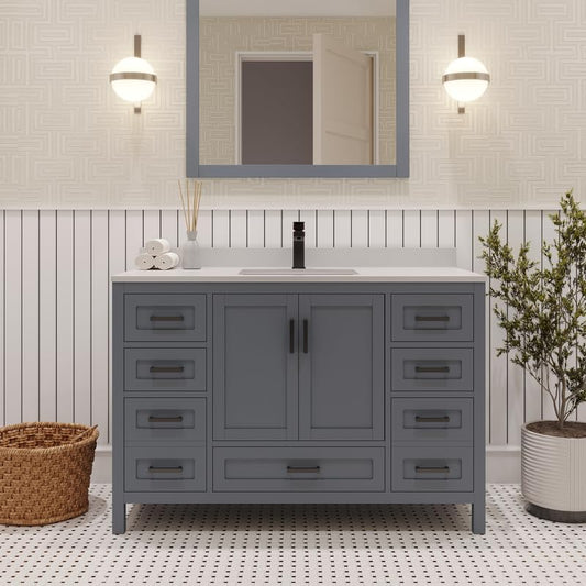 Ayna Decors Rooh 42 Inch Charcoal Grey Bathroom Vanity with Quartz Countertop with Matte Black Hardware